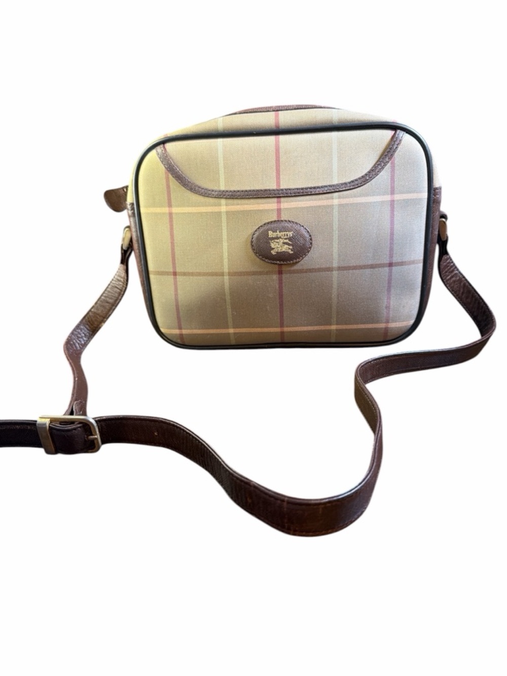 Burberry Beige Plaid Crossbody Bag with Brown Leather Trim